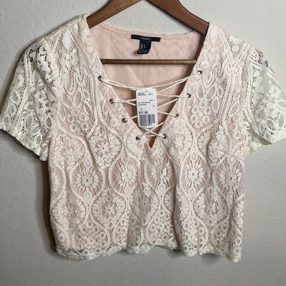 NWT Forever 21 White pink overlay Lace crop top cropped bohemian Size Large L